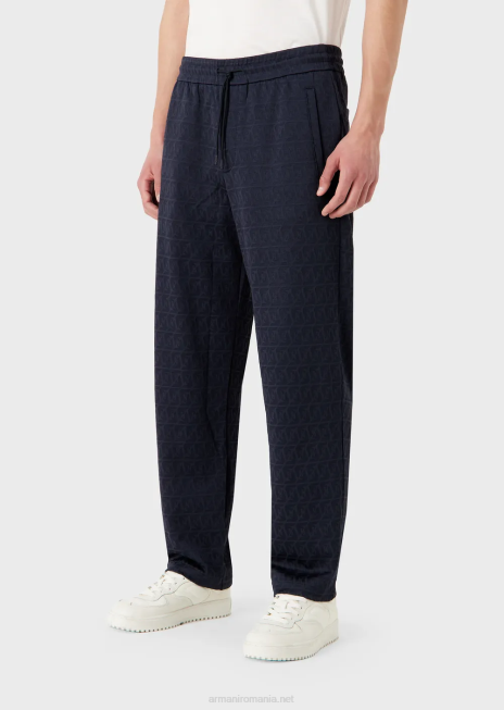 bărbați R802G1399 pantaloni din jerseu cu șnur cu vultur stilizat jacquard în relief Armani albastru marin
