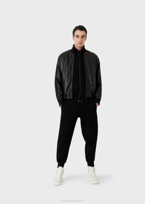 bărbați R802G1438 pantaloni de jogging din jerseu dublu cu bandă cu logo Armani negru