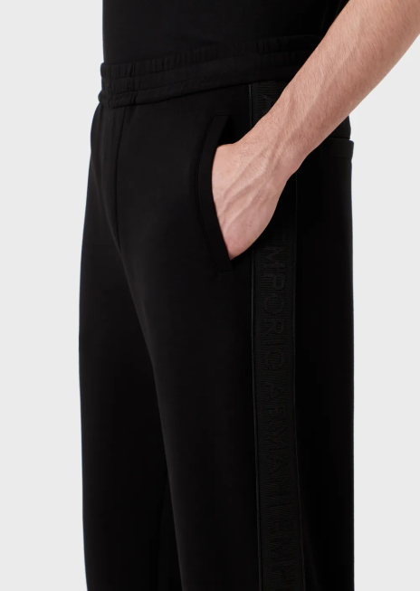 bărbați R802G1438 pantaloni de jogging din jerseu dublu cu bandă cu logo Armani negru