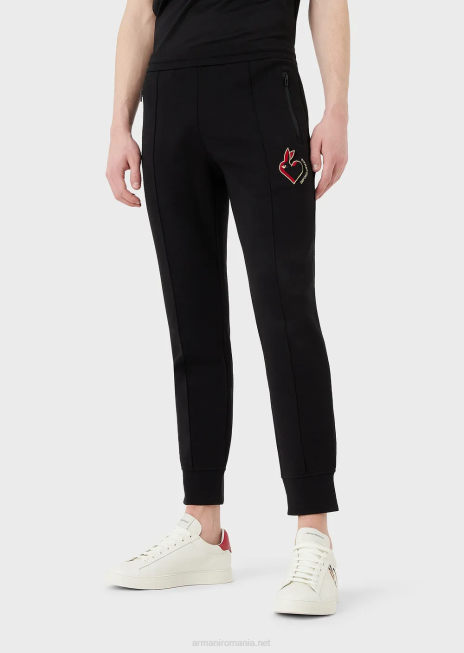 bărbați R802G1447 pantaloni de jogging din jerseu dublu cu broderie iepure Armani negru