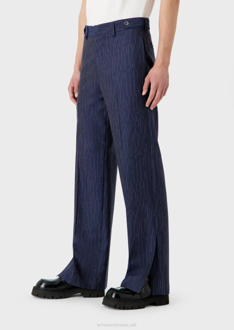 bărbați R802G1456 pantaloni chino din țesătură cu efect denim cu dungi fil coupe Armani albastru marin