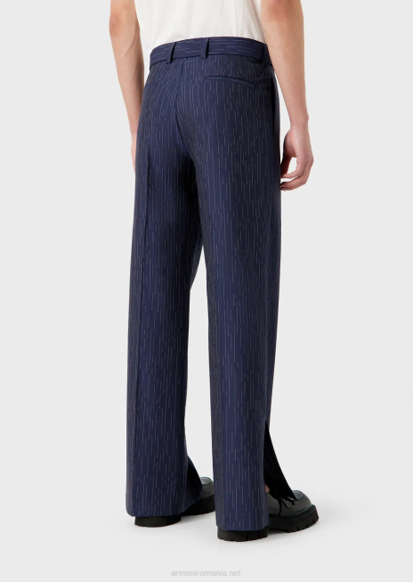 bărbați R802G1456 pantaloni chino din țesătură cu efect denim cu dungi fil coupe Armani albastru marin