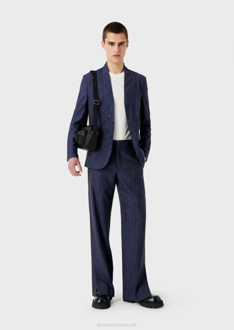 bărbați R802G1456 pantaloni chino din țesătură cu efect denim cu dungi fil coupe Armani albastru marin