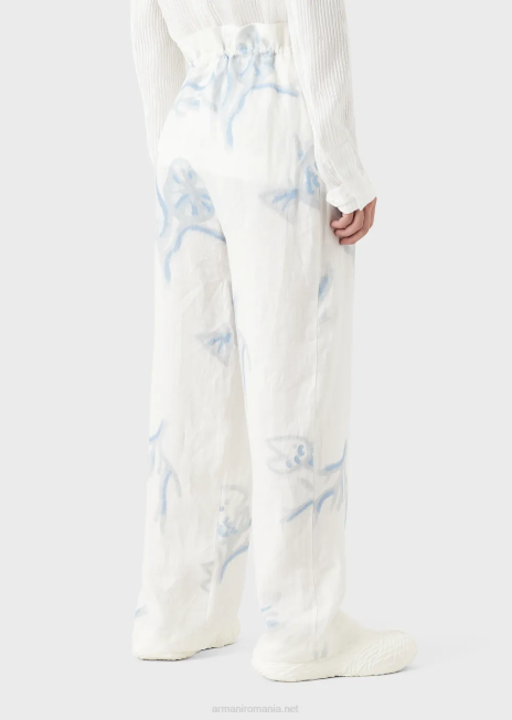 bărbați R802G1459 pantaloni cu șnur din in cu imprimeu coral Armani alb