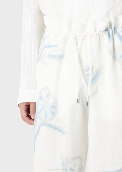 bărbați R802G1459 pantaloni cu șnur din in cu imprimeu coral Armani alb