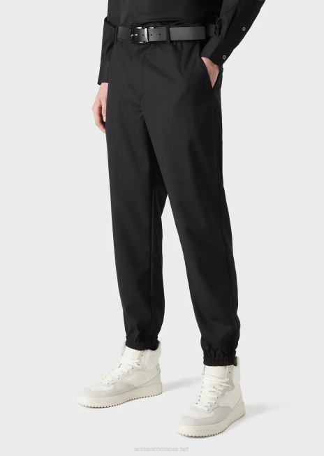bărbați R802G1483 pantaloni din amestec de lână ripstop cu manșete elastice la glezne Armani negru