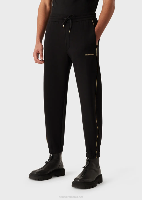bărbați R802G1485 pantaloni de jogging din jerseu dublu cu detalii aurii și logo Armani negru
