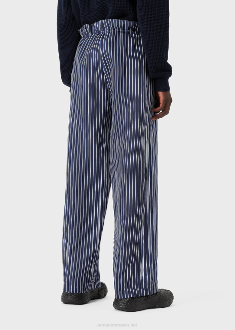 bărbați R802G1487 pantaloni cu șnur dintr-un satin ușor în dungi de mătase Armani albastru miezul nopții
