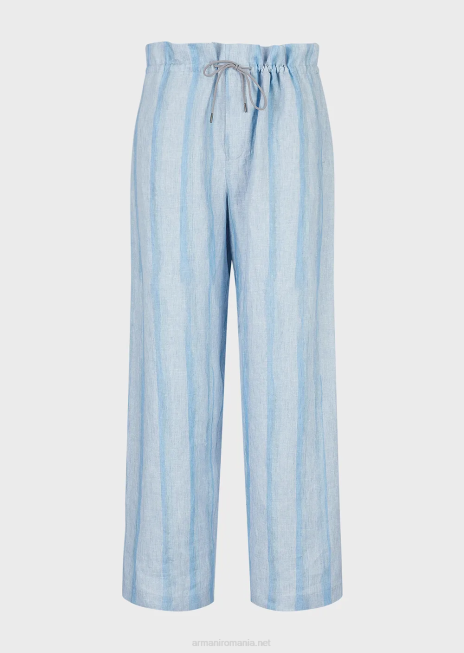 bărbați R802G1488 pantaloni cu șnur din in pur cu imprimeu în dungi acuarele Armani azur