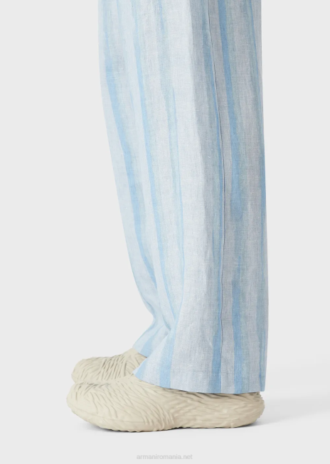 bărbați R802G1488 pantaloni cu șnur din in pur cu imprimeu în dungi acuarele Armani azur