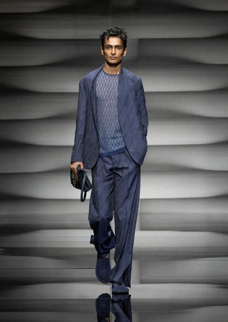 bărbați R802G1494 pantaloni chino din țesătură cu efect denim cu dungi fil coupe Armani albastru miezul nopții