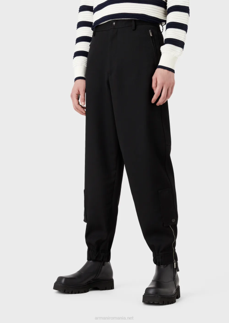 bărbați R802G1498 pantaloni cu manșete elastice la glezne din lână virgină ultra-ușoară Armani negru