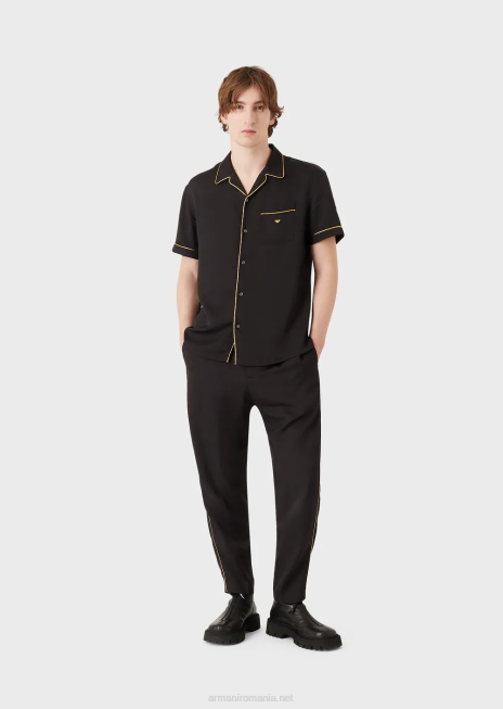 bărbați R802G1499 pantaloni din viscoza cu talie elastica cu detalii aurii Armani negru