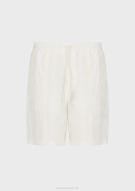 bărbați R802G1510 lenjerie decolorată, cu textura creponată, pantaloni scurți cu șnur cu șnur Armani alb ca laptele