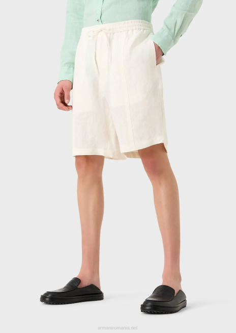 bărbați R802G1510 lenjerie decolorată, cu textura creponată, pantaloni scurți cu șnur cu șnur Armani alb ca laptele