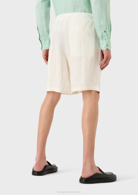 bărbați R802G1510 lenjerie decolorată, cu textura creponată, pantaloni scurți cu șnur cu șnur Armani alb ca laptele