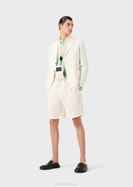 bărbați R802G1510 lenjerie decolorată, cu textura creponată, pantaloni scurți cu șnur cu șnur Armani alb ca laptele