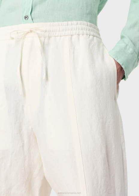 bărbați R802G1510 lenjerie decolorată, cu textura creponată, pantaloni scurți cu șnur cu șnur Armani alb ca laptele