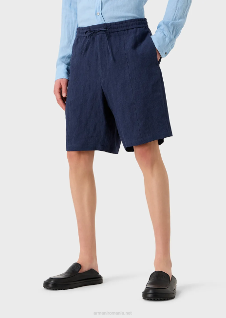 bărbați R802G1511 lenjerie decolorată, cu textura creponată, pantaloni scurți cu șnur cu șnur Armani albastru