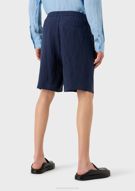 bărbați R802G1511 lenjerie decolorată, cu textura creponată, pantaloni scurți cu șnur cu șnur Armani albastru