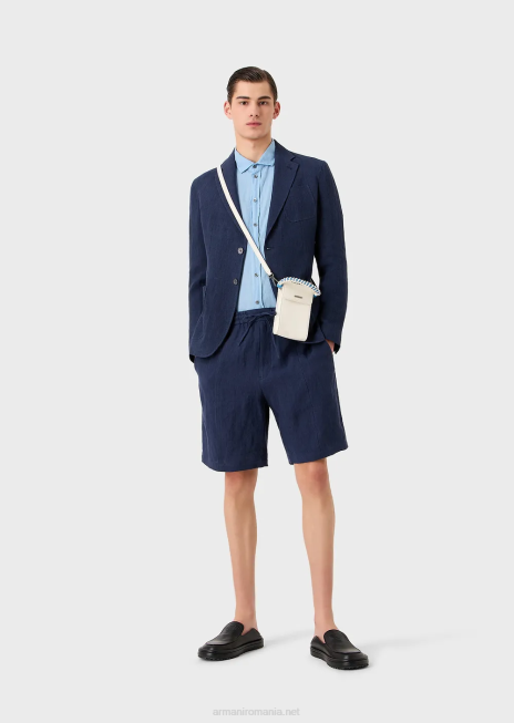 bărbați R802G1511 lenjerie decolorată, cu textura creponată, pantaloni scurți cu șnur cu șnur Armani albastru