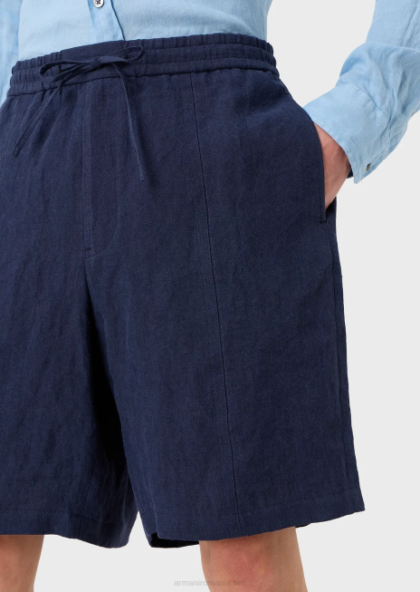 bărbați R802G1511 lenjerie decolorată, cu textura creponată, pantaloni scurți cu șnur cu șnur Armani albastru