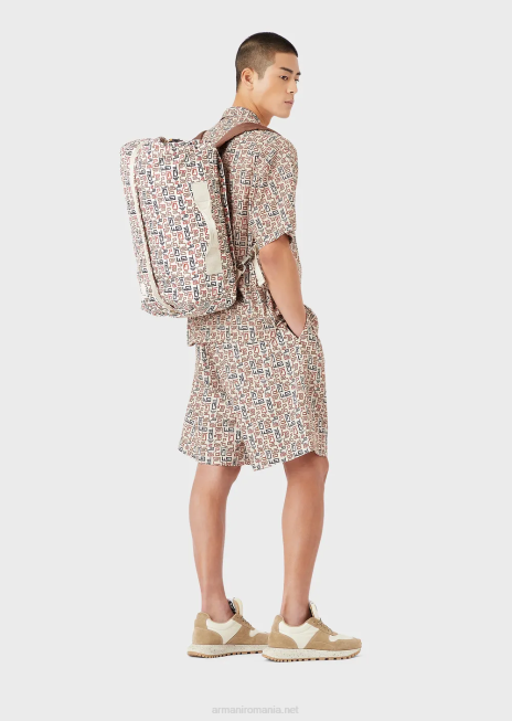 bărbați R802G1518 colecție sustenabilă pantaloni scurți supradimensionați din twill organic, cu șnur, cu imprimeu peste tot Armani model