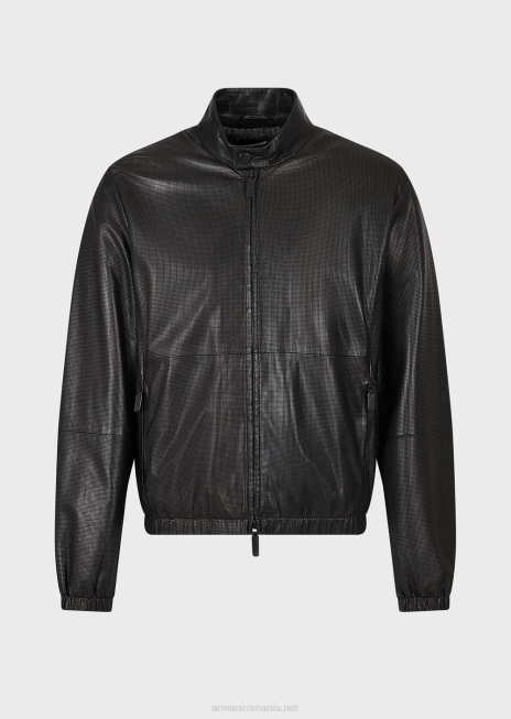 bărbați R802G1287 bluză cu fermoar din piele nappa microperforată din piele de miel Armani negru