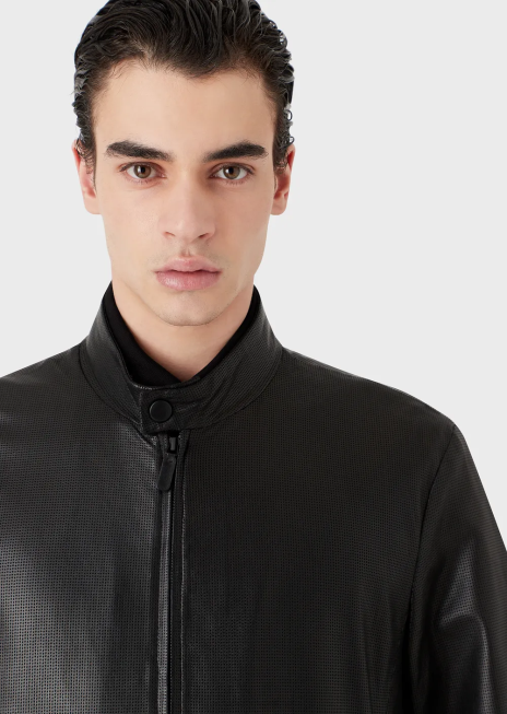 bărbați R802G1287 bluză cu fermoar din piele nappa microperforată din piele de miel Armani negru