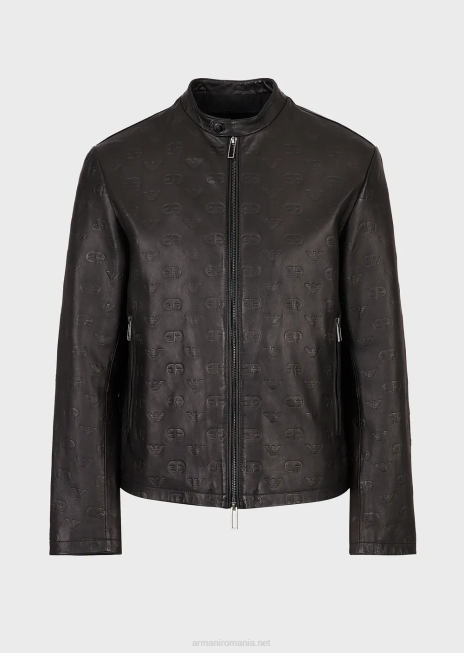 bărbați R802G1288 jachetă cu fermoar din piele de miel nappa cu logo ea în relief Armani negru