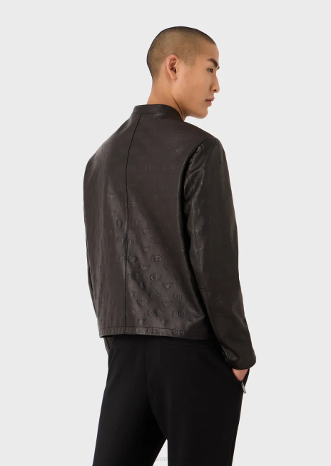 bărbați R802G1288 jachetă cu fermoar din piele de miel nappa cu logo ea în relief Armani negru