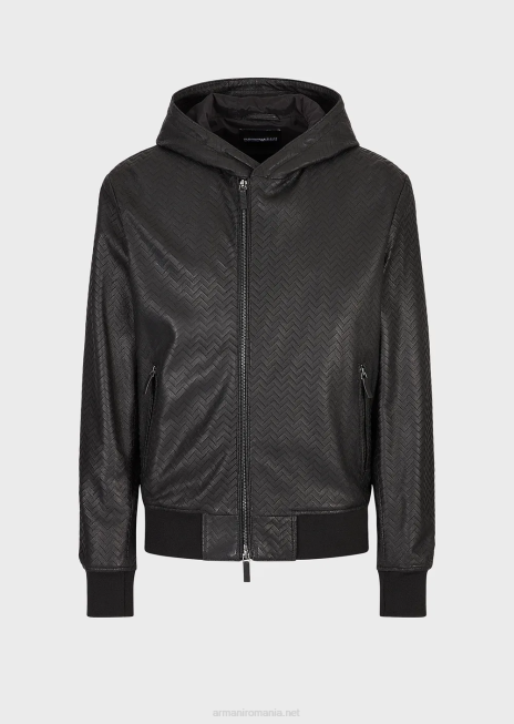 bărbați R802G1290 jachetă cu glugă din piele de miel nappa cu efect de decupaj chevron Armani