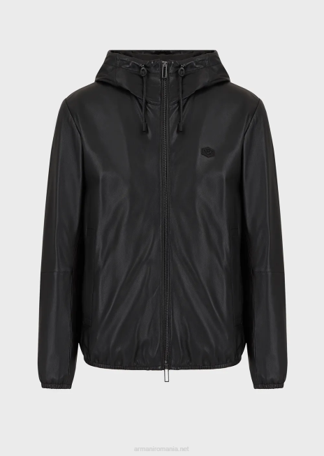 bărbați R802G1296 bluză din piele de miel nappa semi-anilină cu glugă, cu fermoar pe toată lungimea Armani negru