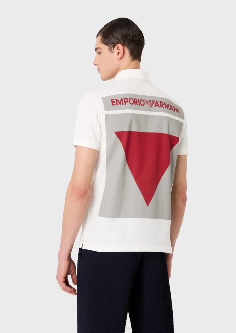 bărbați R802G1529 Tricou polo din tricou cu imprimeu grafic supradimensionat și logo Armani alb