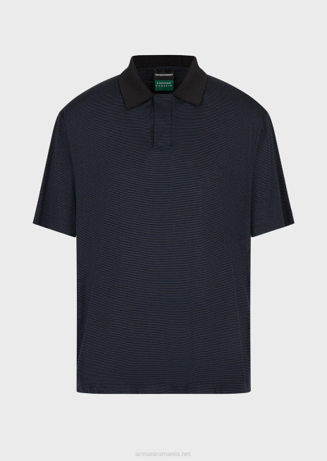 bărbați R802G1537 tricou polo din jerseu din pură lână virgină în dungi Armani albastru marin