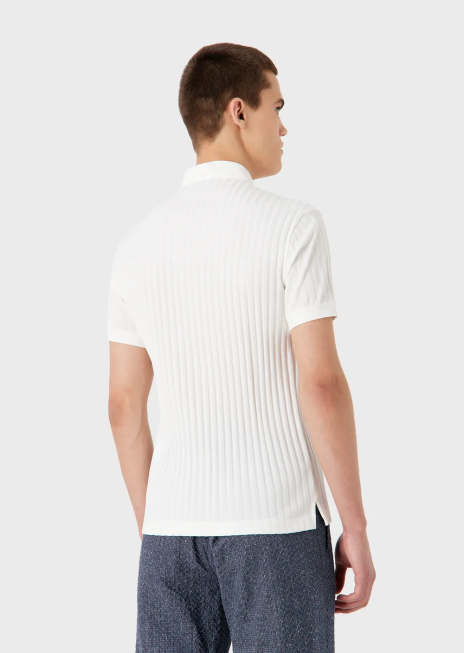 bărbați R802G1545 Tricou polo din tricou cu guler guru, cu motiv jacquard pe tot suprafata Armani alb