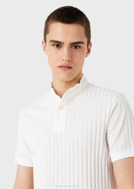 bărbați R802G1545 Tricou polo din tricou cu guler guru, cu motiv jacquard pe tot suprafata Armani alb