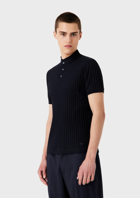 bărbați R802G1546 Tricou polo din tricou cu guler guru, cu motiv jacquard pe tot suprafata Armani albastru marin