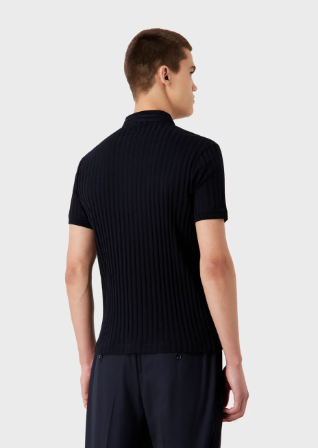 bărbați R802G1546 Tricou polo din tricou cu guler guru, cu motiv jacquard pe tot suprafata Armani albastru marin