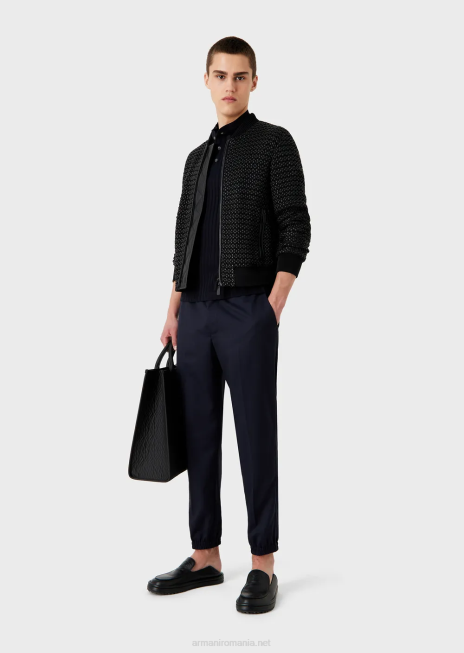 bărbați R802G1546 Tricou polo din tricou cu guler guru, cu motiv jacquard pe tot suprafata Armani albastru marin