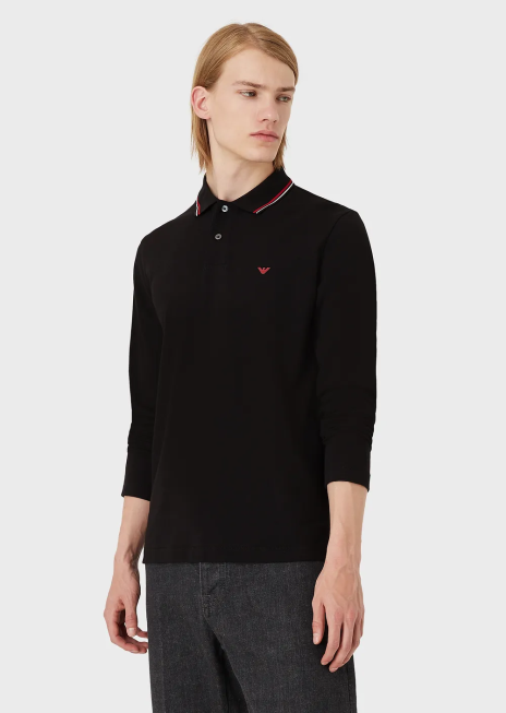 bărbați R802G1557 tricou polo cu mâneci lungi din piqué stretch, cu micro broderie vultur Armani negru