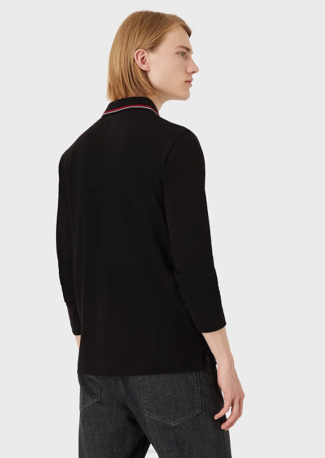 bărbați R802G1557 tricou polo cu mâneci lungi din piqué stretch, cu micro broderie vultur Armani negru