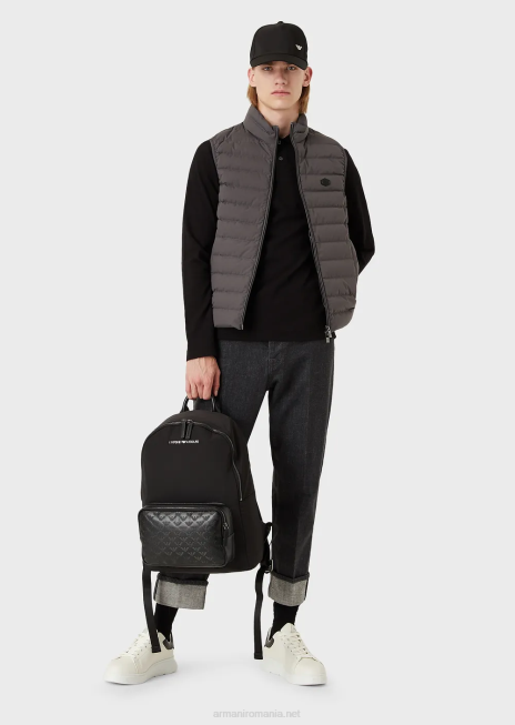 bărbați R802G1557 tricou polo cu mâneci lungi din piqué stretch, cu micro broderie vultur Armani negru