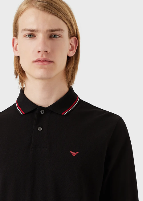 bărbați R802G1557 tricou polo cu mâneci lungi din piqué stretch, cu micro broderie vultur Armani negru