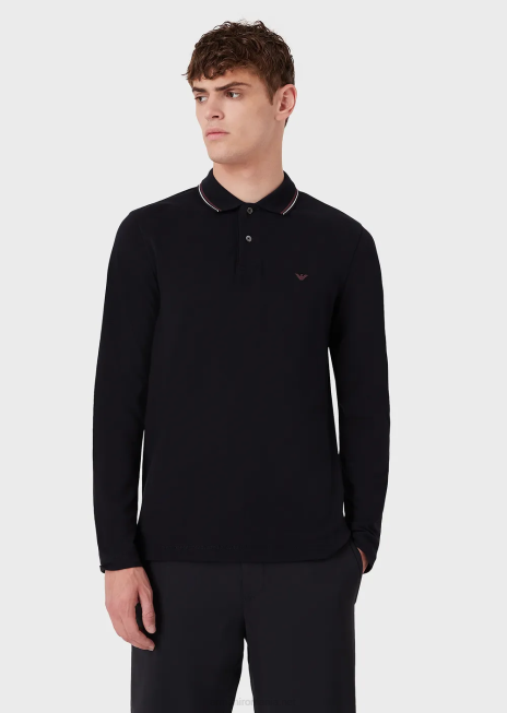 bărbați R802G1558 tricou polo cu mâneci lungi din piqué stretch, cu micro broderie vultur Armani albastru marin