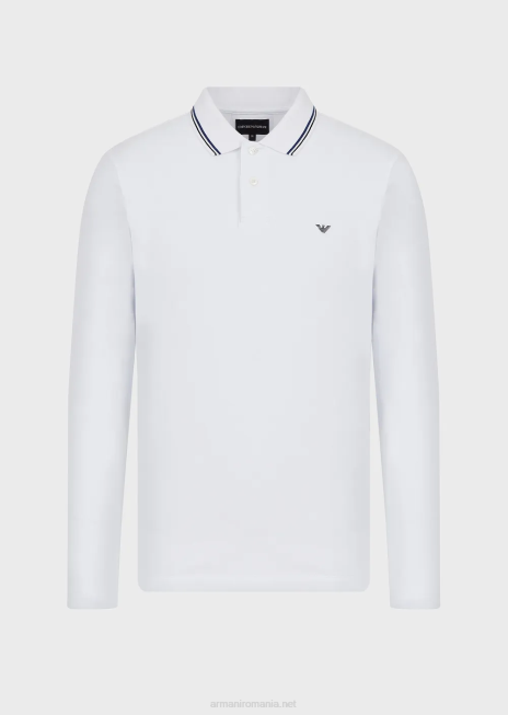bărbați R802G1559 tricou polo cu mâneci lungi din piqué stretch, cu micro broderie vultur Armani alb