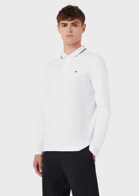 bărbați R802G1559 tricou polo cu mâneci lungi din piqué stretch, cu micro broderie vultur Armani alb