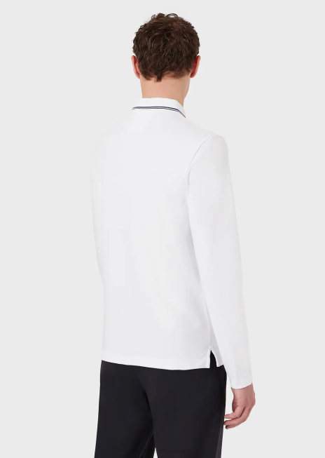 bărbați R802G1559 tricou polo cu mâneci lungi din piqué stretch, cu micro broderie vultur Armani alb