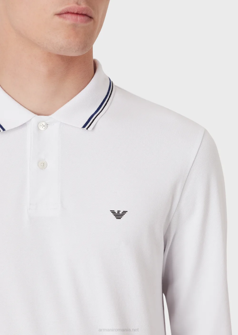 bărbați R802G1559 tricou polo cu mâneci lungi din piqué stretch, cu micro broderie vultur Armani alb