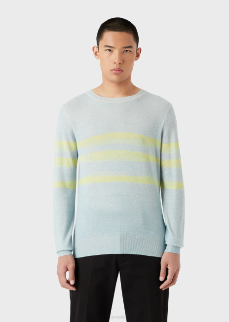 bărbați R802G1215 pulover din cașmir pur cu dungi de acuarelă Armani azur